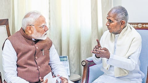 Prime Minister Narendra Modi with Rajya Sabha member and musician Ilaiyaraaja during the meeting in New Delhi on Tuesday  