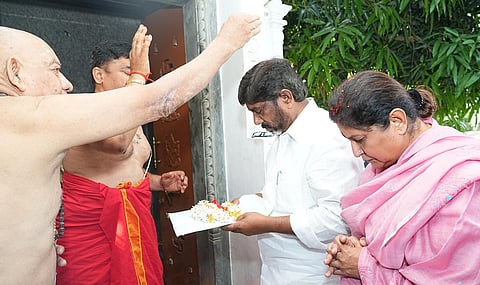 Deputy CM Mallu Bhatti Vikramarka performs a special puja at a temple located on the premises of Praja Bhavan before heading to the Assembly on Wednesday.