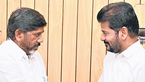 Chief Minister A Revanth Reddy greets Deputy Chief Minister Mallu Bhatti Vikramarka before presentation of the Budget on Wednesday.