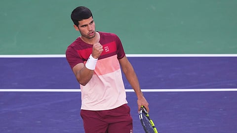 Carlos Alcaraz, of Spain, celebrates winning a point agiainst Jack Draper, of Great Britain, during their semifinals match at the BNP Paribas Open tennis tournament Saturday, March 15, 2025, in Indian Wells, Calif.