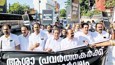 UDF MLAs led by the Leader of Opposition V D Satheesan march towards the Secretariat to extend support to the ASHA workers’ protest on Thursday