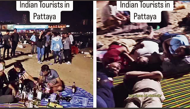 UNCOUTH BRIGADE: Videograbs of a group of Indians drinking alcohol and urinating in the open on Thailand’s Pattaya Beach.