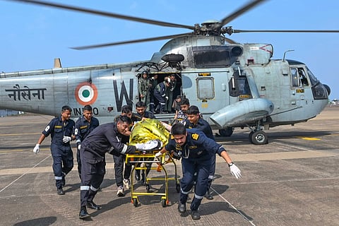 At first light on 21 March 2025, a Seaking helicopter from Vikrant carried out a challenging winching operation, to evacuate three injured crew - two Chinese and one Indonesian national, from MV Heilan Star.