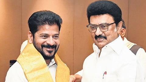 Telangana Chief Minister A Revanth Reddy was seen along with Tamilnadu CM M K Stalin during the states meeting over the Delimitation in Chennai on Saturday in Chennai on Saturday