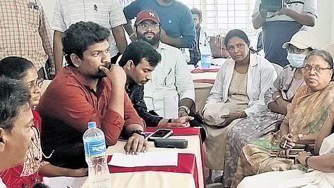 Collector Prasanti inspecting a cancer screening camp at Balabhadrapuram.