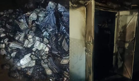 The burnt currency notes (L) and the store room from which the cash was allegedly discovered.