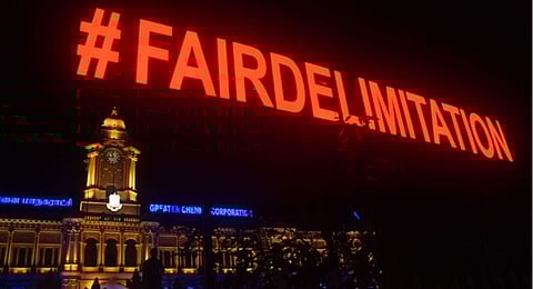 Chennai Corporation Building on Friday sported TN’s hashtag on delimitation.