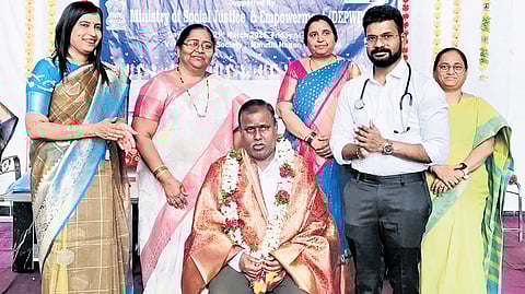 A blind teacher Charlapally Gangadhar felicitation at a programme organised by A NGO on Friday in Nizamabad.
