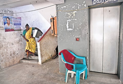 Non-functioning elevators and a damaged staircase are severely hindering residents’ accessibility 
at  K P Park high-rise TNUHDB tenements 