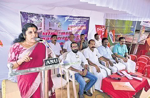 CITU state vice-president S Pushpalatha inaugurating the day-and-night agitation in front of the Vijayamohini Mills in the state capital on Saturday.