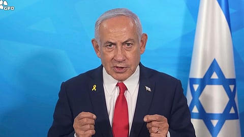 In this image made from a video released by the Israeli Government Press Office, Prime Minister Benjamin Netanyahu gives a statement Tuesday, March 18, 2025, in Tel Aviv, Israel.