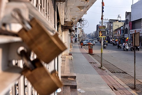 View of an area with shops closed during statewide bandh, in Chikkamagaluru, Karnataka, Saturday, March 22, 2025.