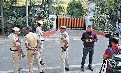 Police outside the residence of Justice Yashwant Varma on Sunday.