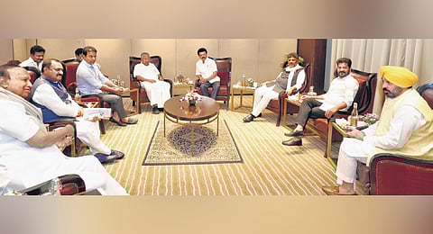 (From right) Punjab CM Bhagwant Mann, Telangana CM A Revanth Reddy, Karnataka Deputy CM D K Shivakumar, CM M K Stalin, Kerala CM Pinarayi Vijayan, and BRS chief K T Rama Rao, along with other JAC members in Chennai on Saturday 