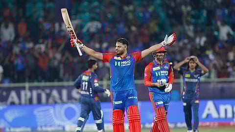 Delhi Capitals' Ashutosh Sharma celebrates after winning against Lucknow Super Giants during the Indian Premier League cricket match at ACA-VDCA Cricket Stadium in Visakhapatnam, India, Monday, March 24, 2025.
