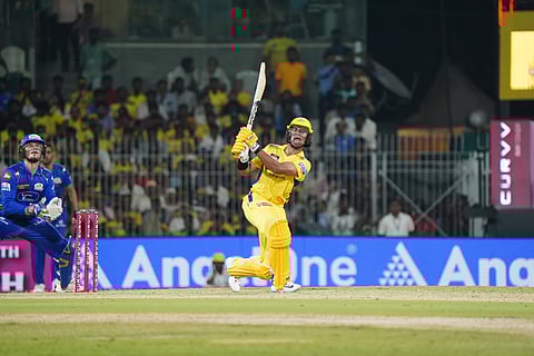 Rachin Ravindra plays a shot at the MA Chidambaram Stadium on Sunday