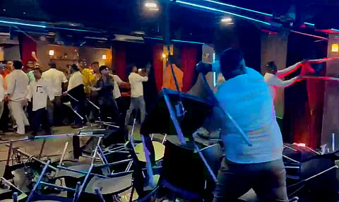 Shiv Sena (Shinde) workers vandalize the venue of comedian Kunal Kamra's show after his remarks on Maharashtra Dy CM Eknath Shinde, in Khar area in Mumbai, Sunday night, March 23, 2025.