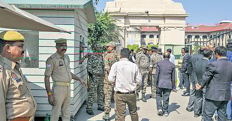 Security outside the Allahabad HC during an indefinite strike by the Bar Association over Justice Yashwant Varma’s transfer to the Allahabad HC, in Prayagraj.