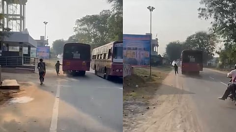 Screengrab of the video showing the girl running after the bus.