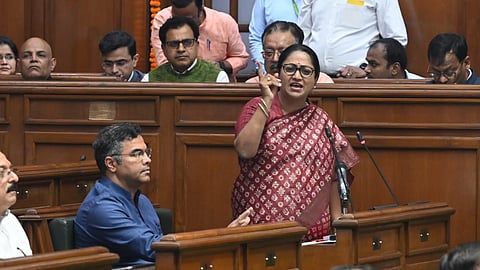 Delhi Chief Minister Rekha Gupta presenting the budget during session at Vidhan Sabha on Tuesday.