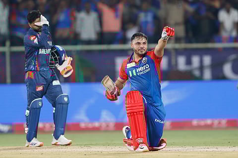 Delhi Capitals' Ashutosh Sharma celebrates after their win against Lucknow Super Giants during the Indian Premier League cricket match at ACA–VDCA Cricket Stadium in Visakhapatnam, India, Monday, March 24, 2025.