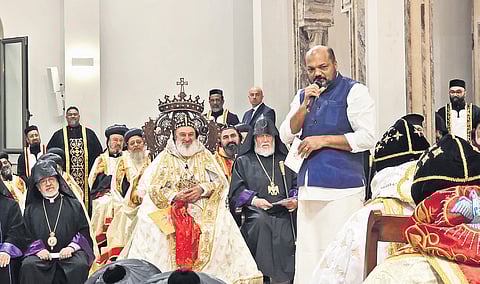 Minister for industries, law and coir P Rajeeve speaking at St Mary's  church at Achane in Beirut after the ordination ceremony of Jacobite Syrian Church Catholicos Aboon Mor Baselios Joseph I