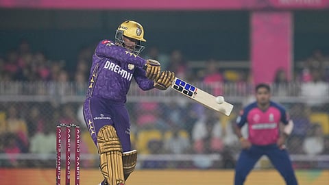 Kolkata Knight Riders' Quinton de Kock plays a shot during the Indian Premier League cricket match between Rajasthan Royals and Kolkata Knight Riders at Assam Cricket Association Stadium in Guwahati, India, Wednesday, March 26, 2025.