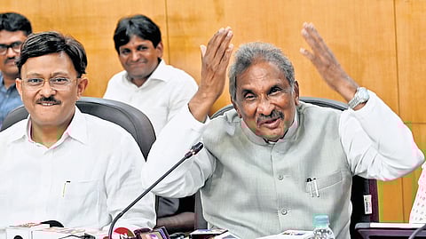 Energy Minister KJ George reacts during a press conference at Vidhana Soudha in Bengaluru on Wednesday