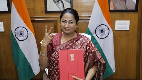 Delhi CM Rekha Gupta at her office at the Vidhan Sabha before presenting the Delhi Budget 2025-26 in the Assembly, in New Delhi, Tuesday.