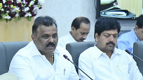 Revenue minister Anagani Satya Prasad during the 3rd district collectors conference at Secretariat in Velagapudi on Tuesday.