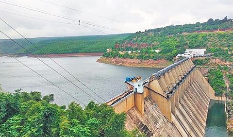 The Srisailam Dam is constructed across the Krishna River in the Nandyal district, Andhra Pradesh and Nagarkurnool district, Telangana.  