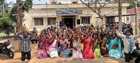 Tribal farmers from 18 villages stage a protest at the revenue office in Ravikamatham mandal of Anakapalle district on Tuesday 