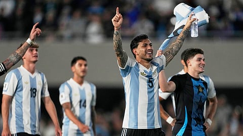 Argentina's Leandro Paredes celebrates after defeating Brazil in a World Cup 2026 qualifying soccer match at Monumental Stadium in Buenos Aires (Photo | AP)