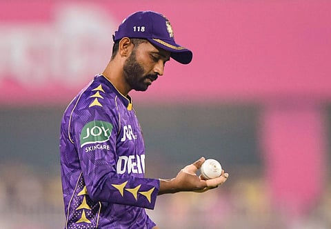 Kolkata Knigh Riders' spinner Moeen Ali celebrated with captain Ajinkya Rahane after a wicket in their IPL match against Rajasthan Royals in Guwahati.