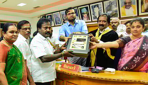 Tiruchy Corporation Mayor Mu Anbalagan receiving the corporation budget on Wednesday 