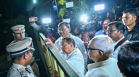 While congress MLAs protest inside the assembly, senior leaders and party members protest outside the assembly premises against suspension of party legislatures in Bhubaneswar on Tuesday late evening.