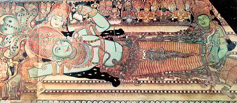 The restored ‘Ananthasayanam.’ It is the largest mural discovered in Kerala.