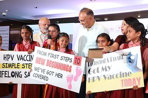 Health and Family Welfare Minister Dinesh Gundu Rao with students during the Cervical Cancer elimination movement from awareness to Action Cervical Cancer free Karnataka at a private hotel, in Bengaluru on Wednesday 