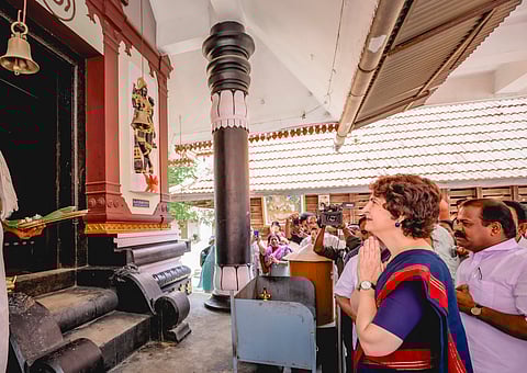 In this image released by @INCIndia via X on Thursday, March 27, 2025, Congress General Secretary & Wayanad MP Priyanka Gandhi visits the Sree Seetha Devi Lava Kusa Temple in Pulpally, Wayanad.