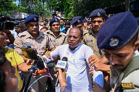 Water canons sprayed at congress workers during a protestors to gherao state assembly while demanding for House Committee formation to address growing crimes against women at Mahatma Gandhi Marg in Bhubaneswar on Thursday. 