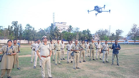 Commissioner of Police (CP) Shanka Brata Bagchi shows Drone Policing to media persons at Police Barracks in Visakhapatnam.