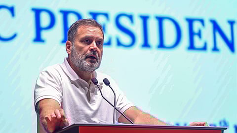 Congress leader Rahul Gandhi addresses the District Congress Committee (DCC) Presidents Meeting at Indira Bhawan, in New Delhi, March 27, 2025.
