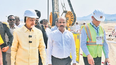 CM Nara Chandrababu Naidu inspects the construction works at the Polavaram project on Thursday. 