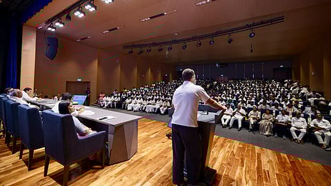 In this image released by AICC on Thursday, March 27, 2025, Congress leader Rahul Gandhi addresses the District Congress Committee (DCC) Presidents Meeting at Indira Bhawan, in New Delhi.