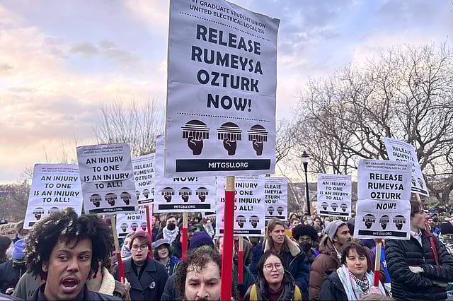 Hundreds of people gather in Somerville, Mass., on March 26, 2025, to demand the release of Rumeysa Ozturk, a Turkish student at Tufts University, who was arrested by federal agents Tuesday night. 