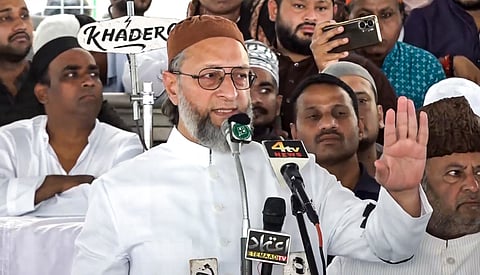 Hyderabad: AIMIM chief Asaduddin Owaisi addresses a public meeting at Mecca Masjid, also spelled Makkah Masjid, in Hyderabad, Telangana, Friday, March 28, 2025. 