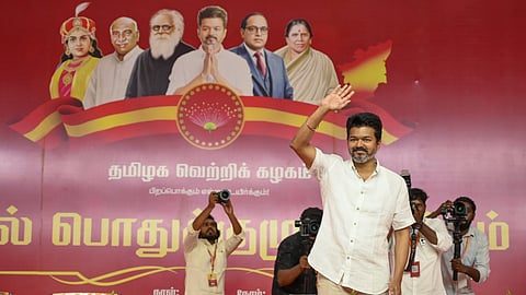 Actor and Tamilaga Vettri Kazhagam (TVK) chief Vijay during the party's first general council meeting, in Chennai, Friday, March 28, 2025. 