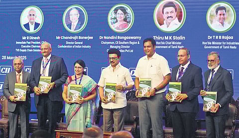 Chief Minister MK Stalin releasing the report at the Confederation of Indian Industry’s (CII) South India Annual Convention 2025 on Friday.