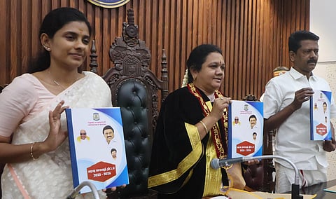 Madurai corporation Mayor Indirani Ponvasanth along with city corporation commissioner Chitra Vijayan and Deputy Mayor Nagarajan presented the corporation budget for the financial year 2025 - 26 in Madurai on Thursday.