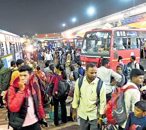 People throng Kempegowda Bus Terminal (Majastic), hoping to catch a bus to their native places and make it in time for the festival